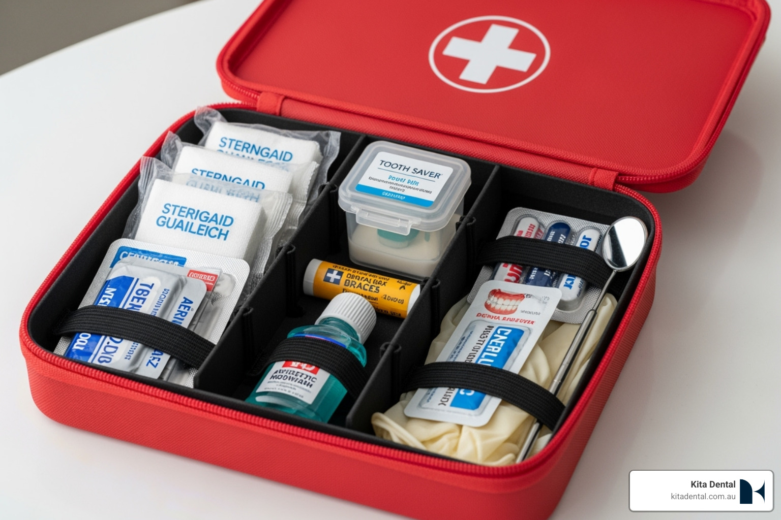 first-aid kit with dental items like gauze and a small container - Dental emergency appointment first-aid kit with dental items like gauze and a small container - Dental emergency appointment