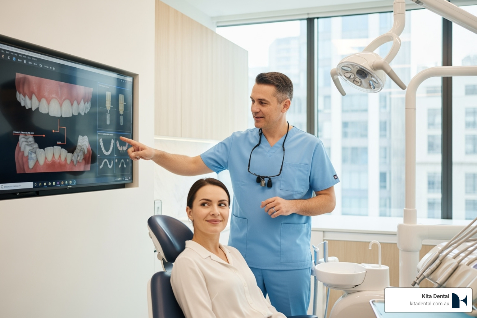 Dentist discussing a 3D treatment plan with a patient on a screen - dental implant clinic Dentist discussing a 3D treatment plan with a patient on a screen - dental implant clinic