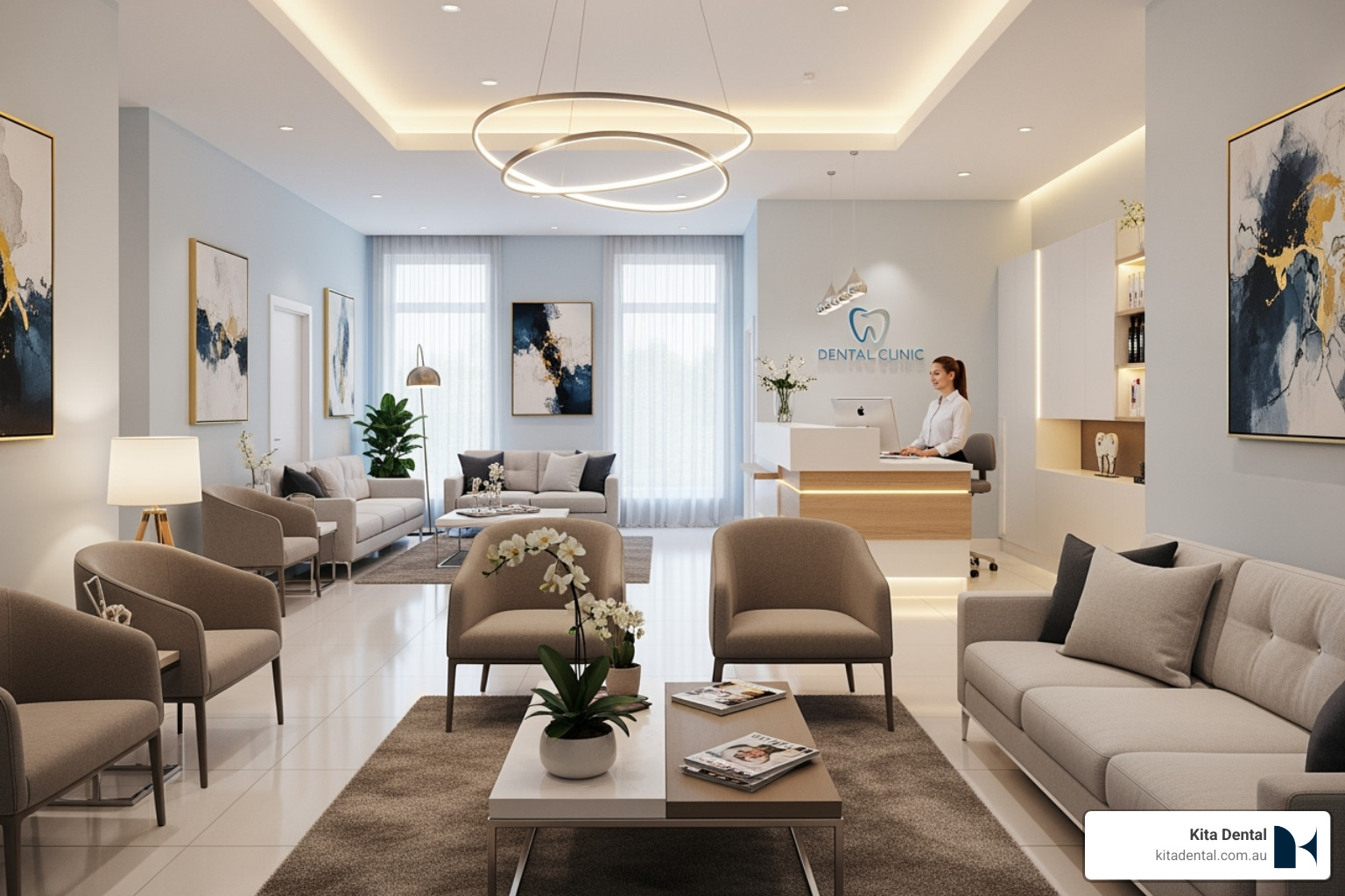 Modern, clean, and welcoming dental clinic reception area - implant dental clinic Modern, clean, and welcoming dental clinic reception area - implant dental clinic