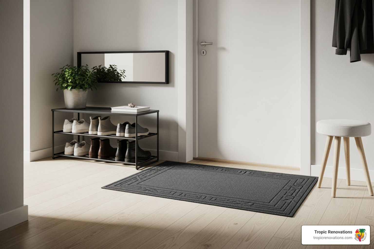 stylish entryway with a doormat and shoe rack - How to avoid dust? stylish entryway with a doormat and shoe rack - How to avoid dust?