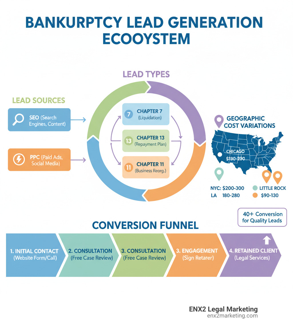 Comprehensive infographic showing the bankruptcy lead generation ecosystem including lead sources like SEO and PPC, lead types by bankruptcy chapter, geographic cost variations across major US cities, and the conversion funnel from initial contact to retained client - Bankruptcy lead generation infographic 
