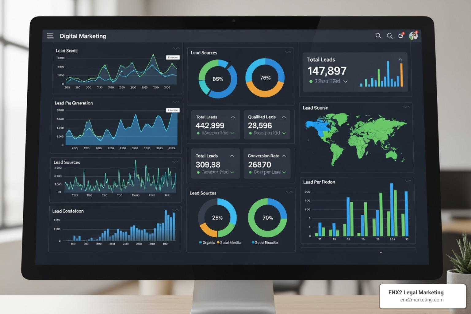 Digital marketing dashboard showing lead metrics and analytics - Bankruptcy lead generation