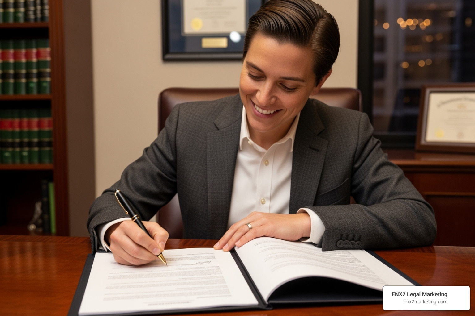 Person smiling while signing a document in a law office - Bankruptcy lead generation