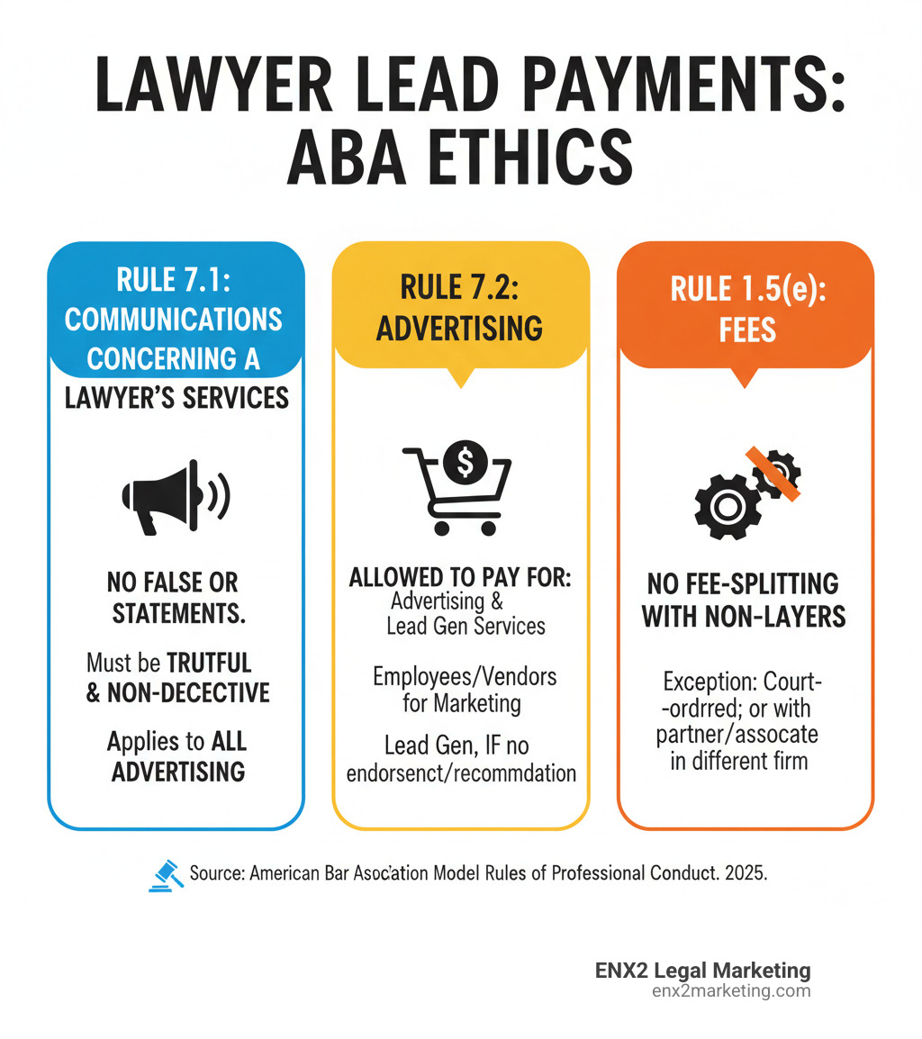 Infographic showing ABA Rules 7.1, 7.2, and 1.5(e) requirements for lawyer advertising and payments - can a lawyer pay for leads infographic Infographic showing ABA Rules 7.1, 7.2, and 1.5(e) requirements for lawyer advertising and payments - can a lawyer pay for leads infographic