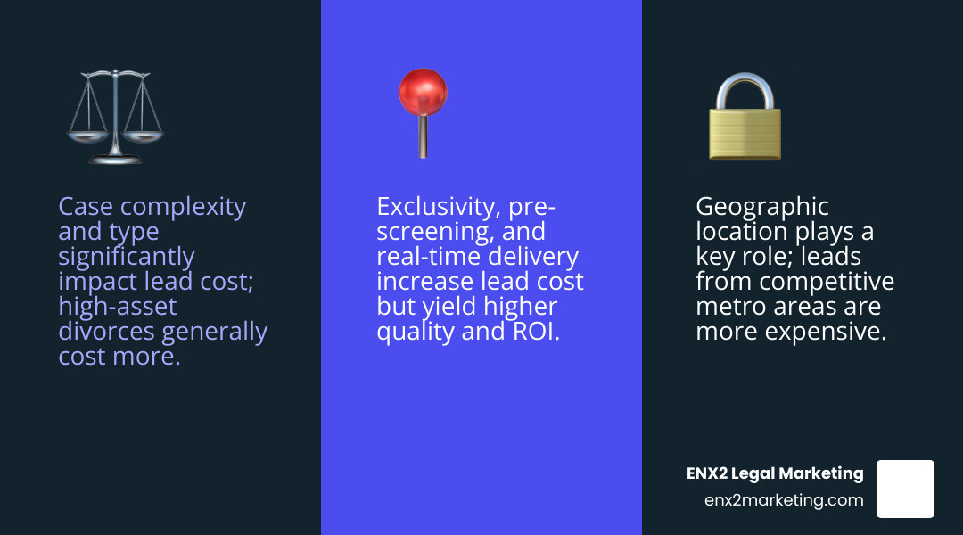 Infographic showing factors influencing family law lead cost: exclusivity, geographic location, case complexity, and lead quality/pre-screening - buy family law leads infographic 3_facts_emoji_blue