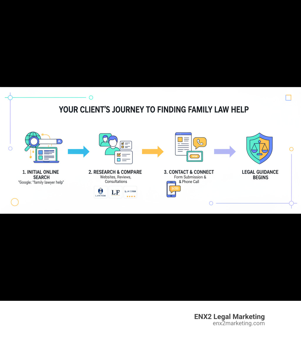 Infographic showing the customer journey from initial online search for family law help, through research phase comparing attorneys, to final contact form submission and phone call to law firm - buy family law leads infographic 