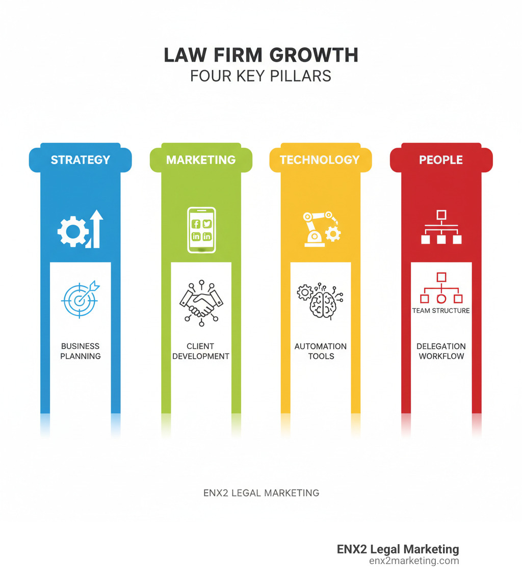 Comprehensive infographic showing the four key pillars of successful law firm growth: Strategy pillar with business planning and goal setting icons, Marketing pillar with digital channels and client development graphics, Technology pillar with automation tools and AI symbols, and People pillar with team structure and delegation workflow diagrams - law firm growth infographic 