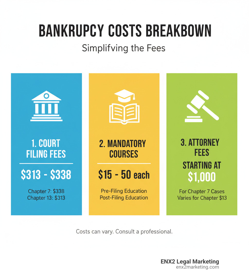 Detailed breakdown showing the three main categories of bankruptcy costs: Court Filing Fees ranging from $313-$338, Mandatory Course Fees of $15-$50 each for pre and post-filing education, and Attorney Fees starting at $1,000 for Chapter 7 cases - Bankruptcy filing fees infographic 