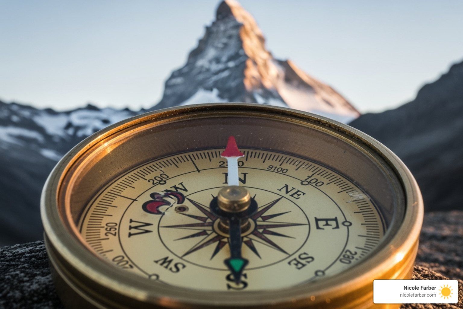 A compass pointing towards a mountain peak, symbolizing direction and a goal. - What is leadership