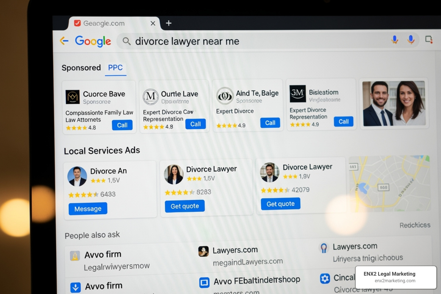 Google search results page showing PPC ads and Local Services Ads for "divorce lawyer near me". - lead generation family law Google search results page showing PPC ads and Local Services Ads for "divorce lawyer near me". - lead generation family law