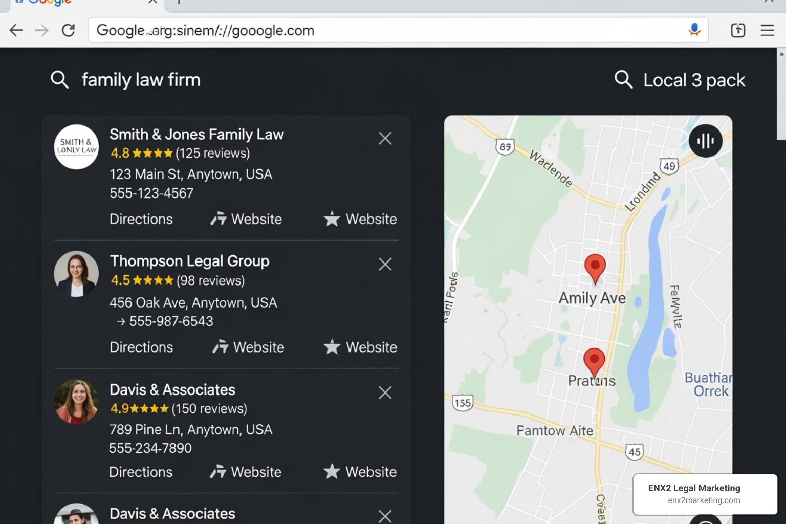 Example of a Google Business Profile listing for a family law firm appearing in the local 3-pack. - lead generation family law Example of a Google Business Profile listing for a family law firm appearing in the local 3-pack. - lead generation family law