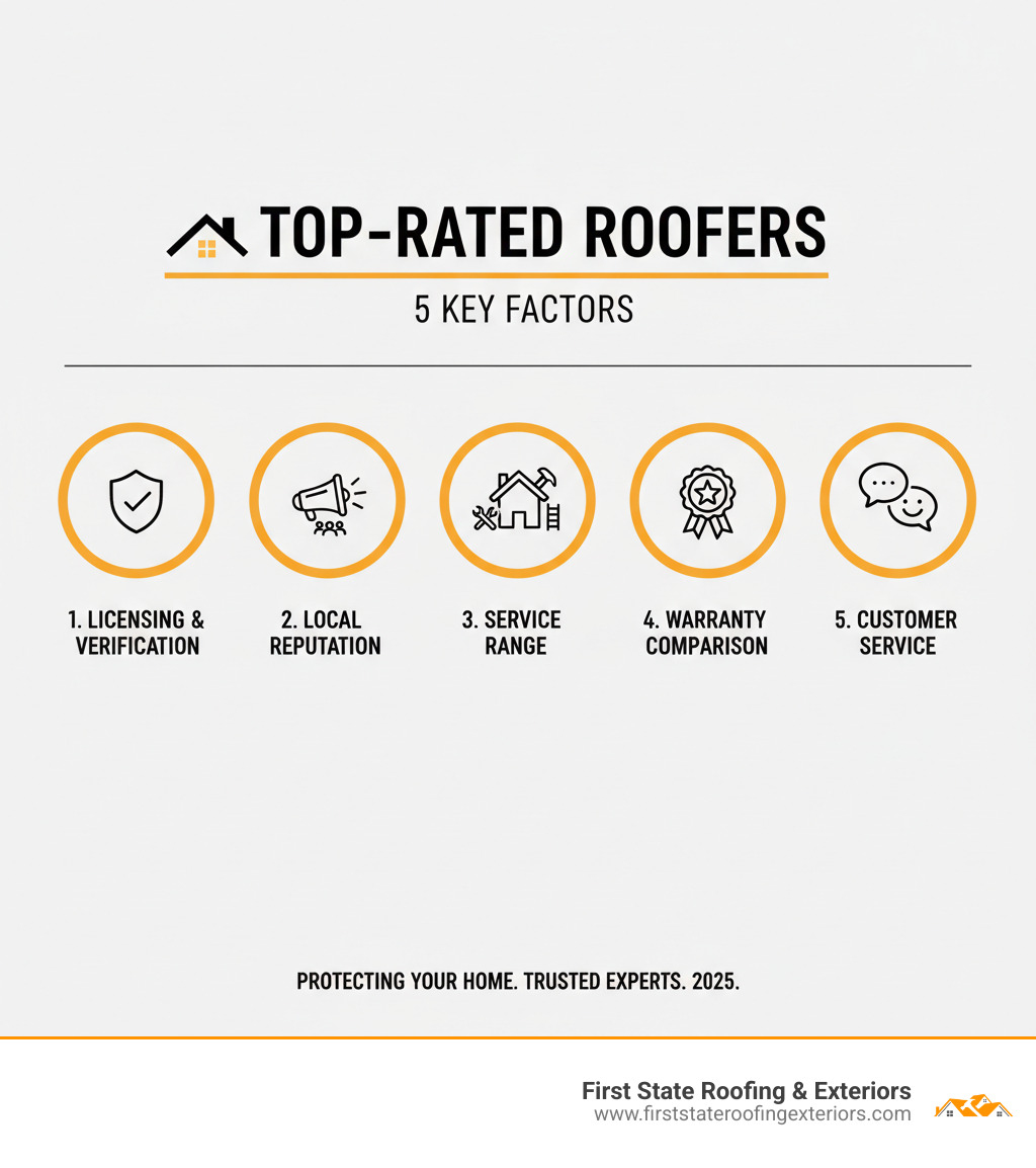 Comprehensive guide showing the 5 key factors to identify top rated roofers including licensing verification, local reputation assessment, service range evaluation, warranty comparison, and customer service standards - Top rated roofers infographic 