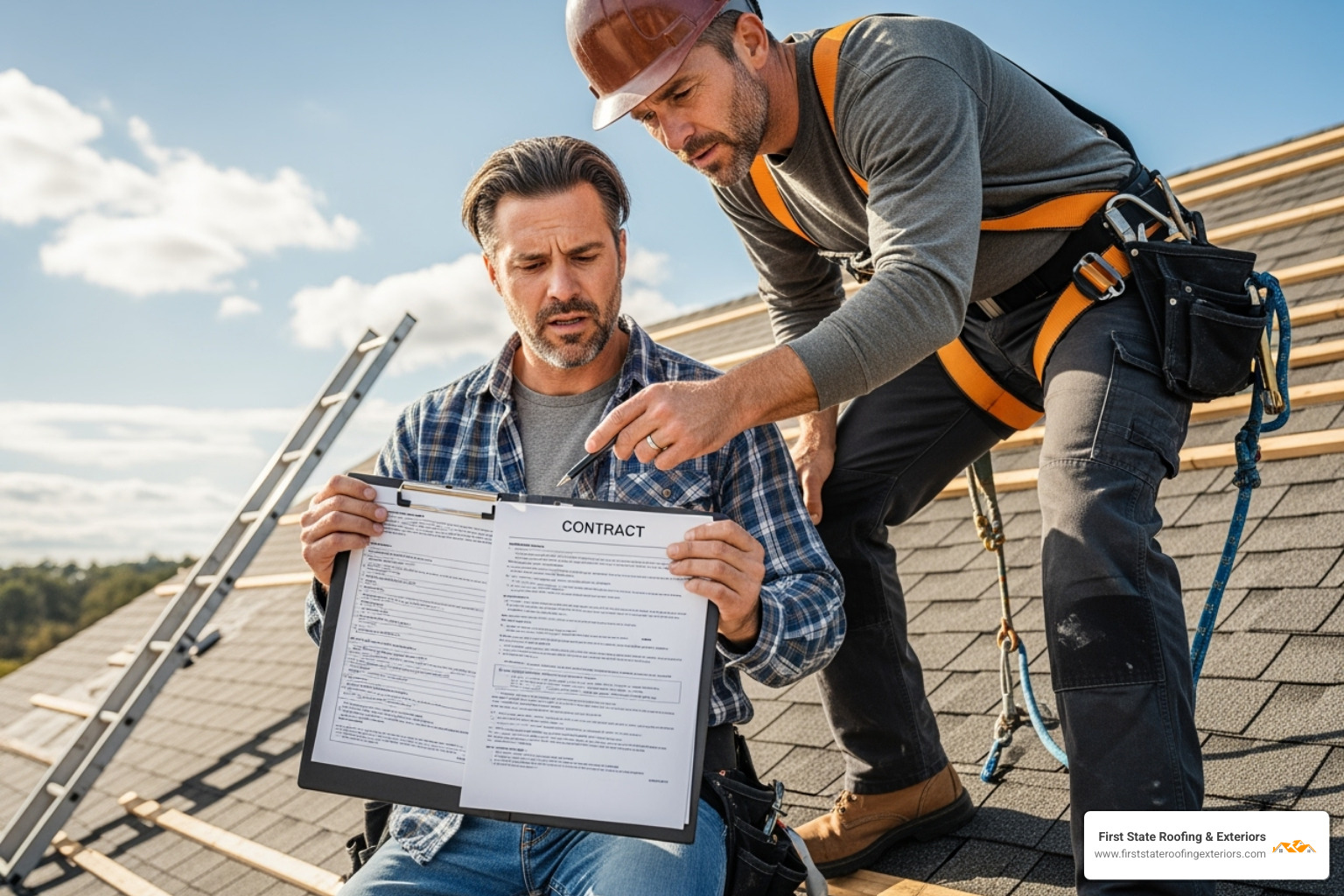A homeowner and a roofer wearing a safety harness reviewing a detailed roofing contract on a clipboard, pointing to specific clauses. - Top rated roofers