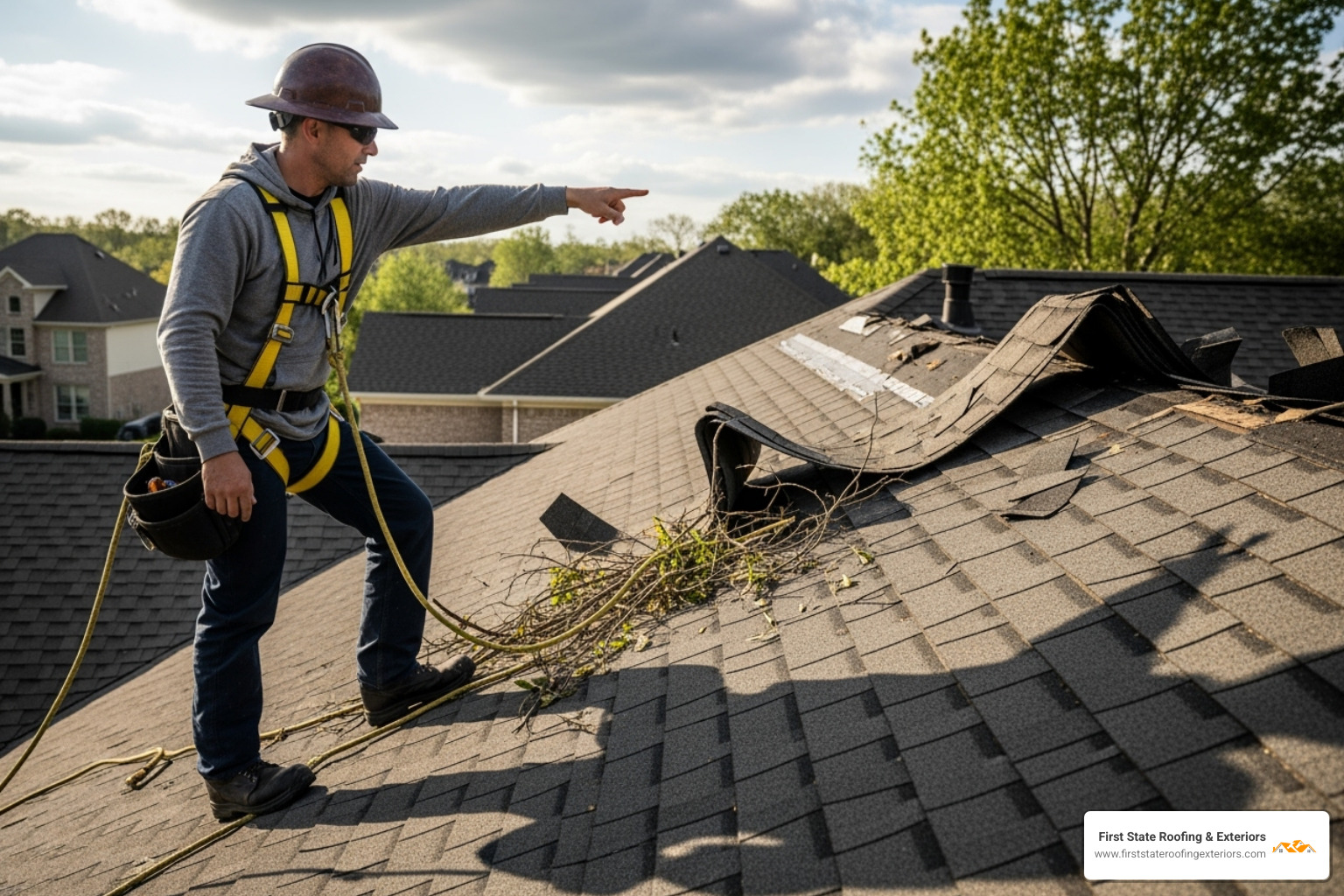 A roofer wearing a safety harness and hard hat, carefully inspecting storm damage on a residential roof, pointing to a damaged area. - Top rated roofers