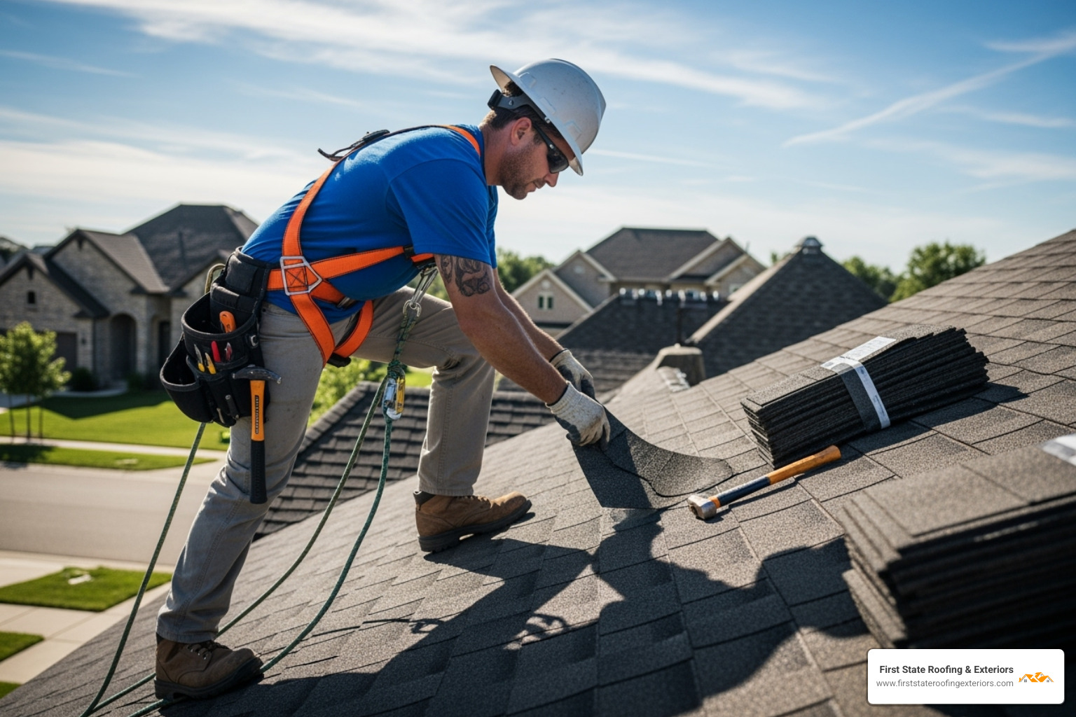 A roofer wearing a safety harness and hard hat, carefully installing shingles on a residential roof. - Top rated roofers