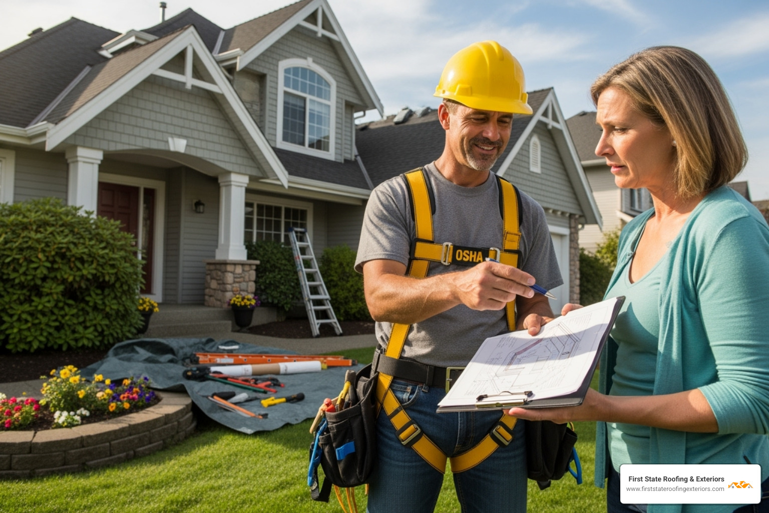 A friendly roofer wearing a safety harness discussing a project with a homeowner, pointing to a clipboard. - Top rated roofers