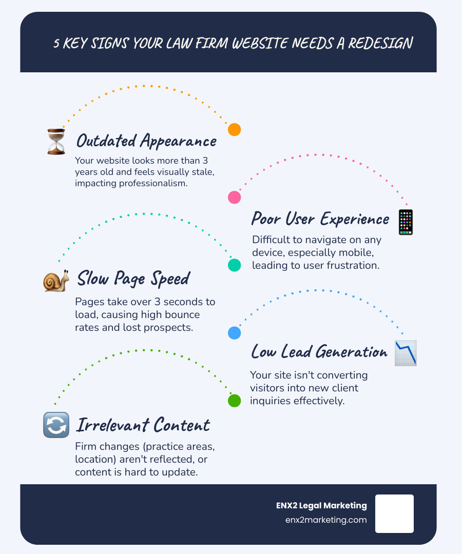 Infographic showing the 6 warning signs that indicate a law firm website needs immediate redesign: outdated design over 3 years old, poor mobile responsiveness with difficult smartphone navigation, slow loading times exceeding 3 seconds, low conversion rates and lead generation, confusing navigation structure, and misalignment with current firm services and locations - attorney website redesign infographic infographic-line-5-steps-blues-accent_colors