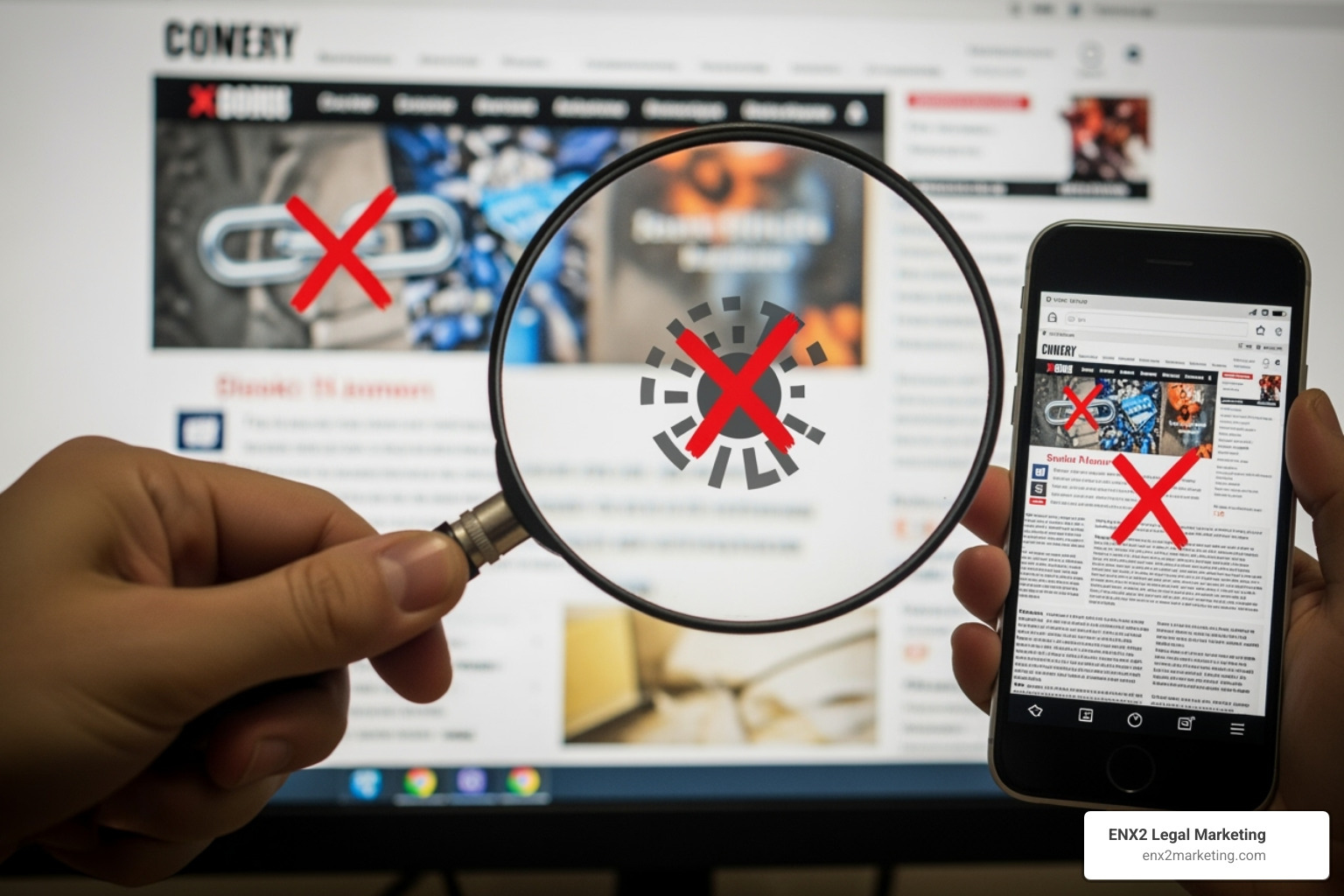 A magnifying glass hovering over a series of outdated website features, including broken links, slow loading icon, and a non-responsive mobile layout, with a red "X" indicating problems. - attorney website redesign