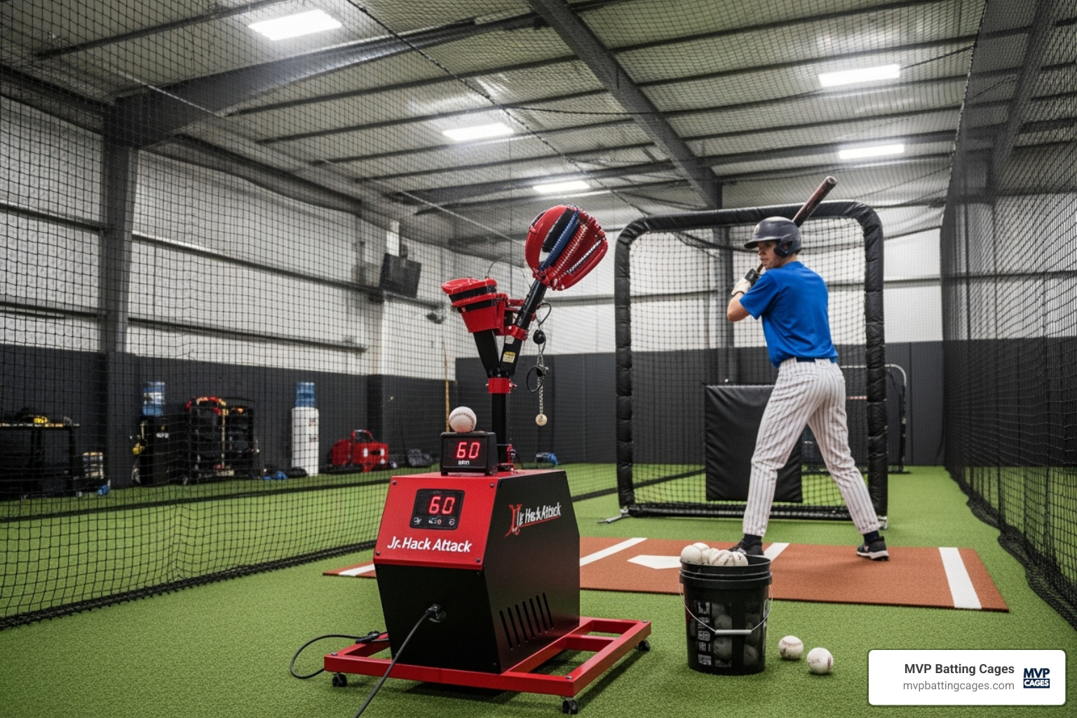 modern indoor batting cage with a Jr Hack Attack pitching machine - softball cages near me