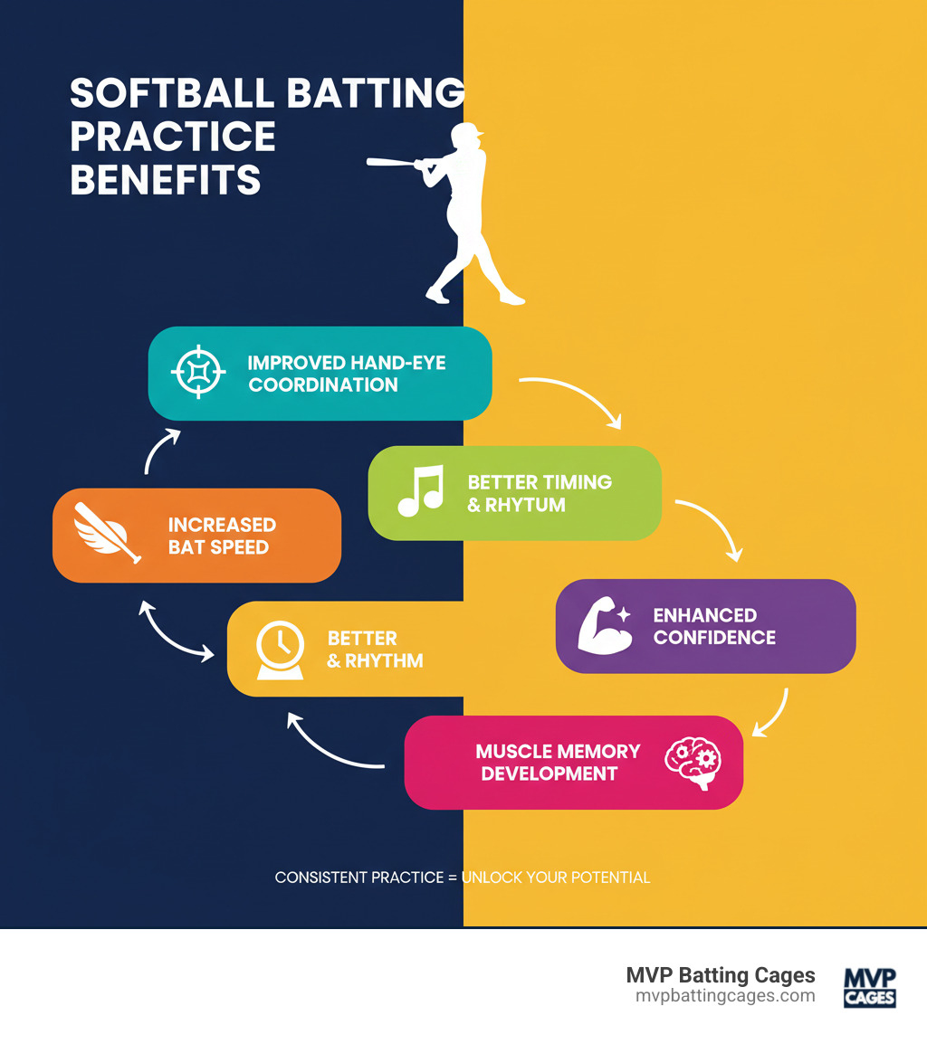 Detailed infographic showing the key benefits of regular softball batting practice including improved hand-eye coordination, increased bat speed, better timing and rhythm, improved confidence at the plate, and muscle memory development through repetition - softball cages near me infographic 