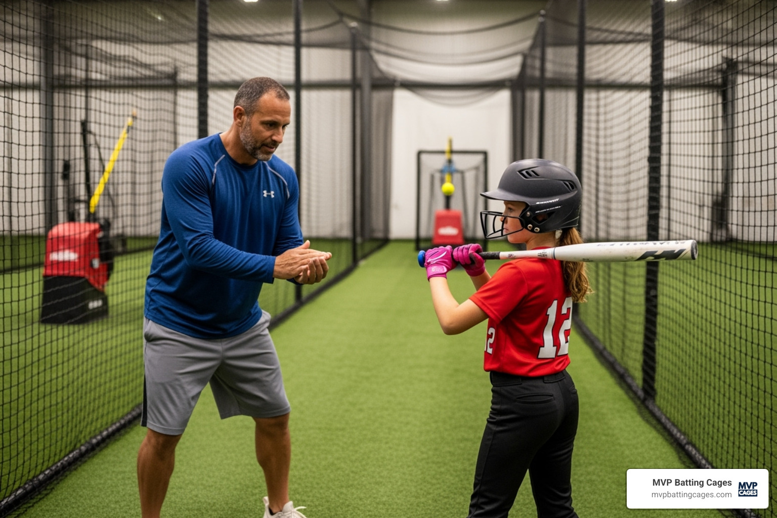 coach giving a player a hitting tip inside a cage - softball cages near me