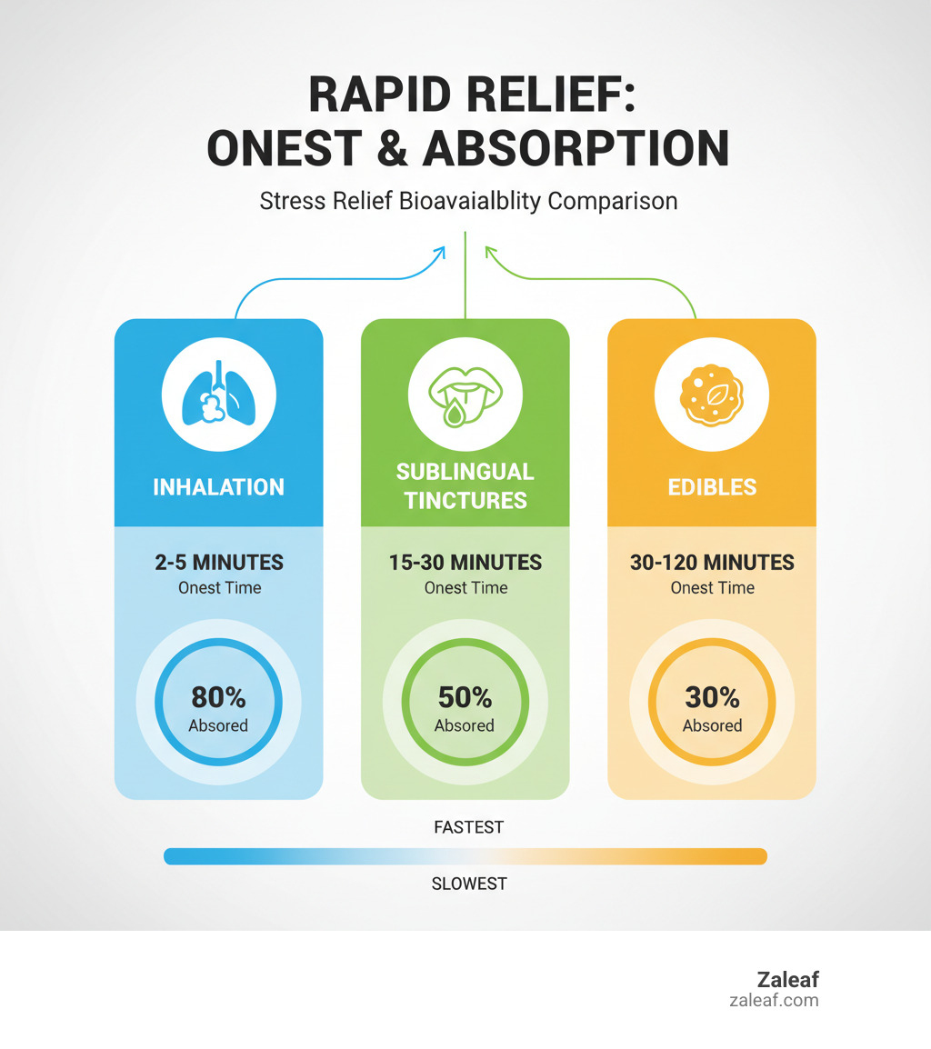 Infographic showing the rapid bioavailability comparison between inhalation (2-5 minutes onset), sublingual tinctures (15-30 minutes), and edibles (30-120 minutes), with percentages of active compounds absorbed through each method - stress relief vapes infographic 
