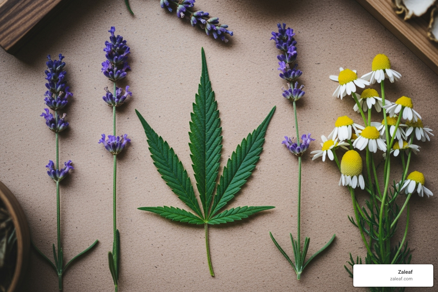 natural ingredients like a hemp leaf, lavender sprigs, and chamomile flowers - stress relief vapes