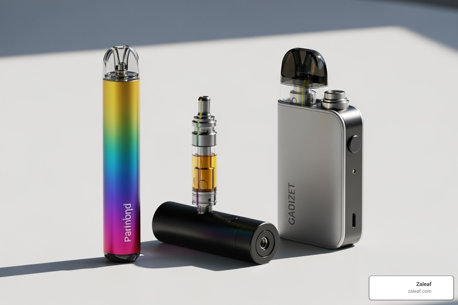 different types of vape devices, such as a disposable pen, a 510-thread cartridge, and a pod system - stress relief vapes