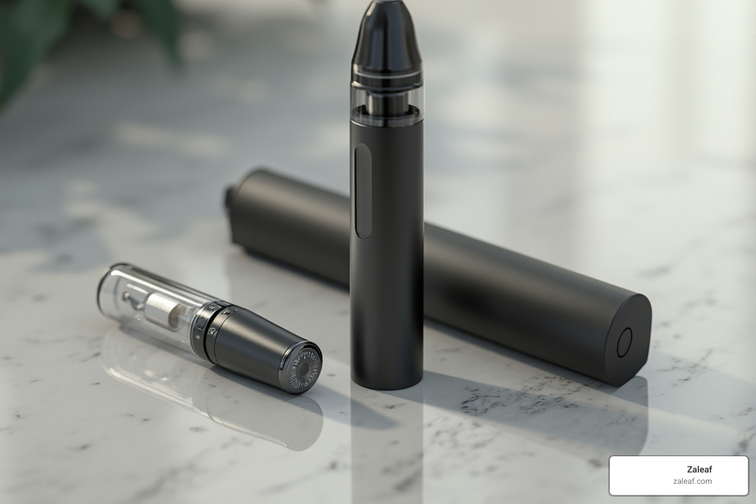 sleek disposable vape pen next to a reusable battery and cartridge - stress relief vapes