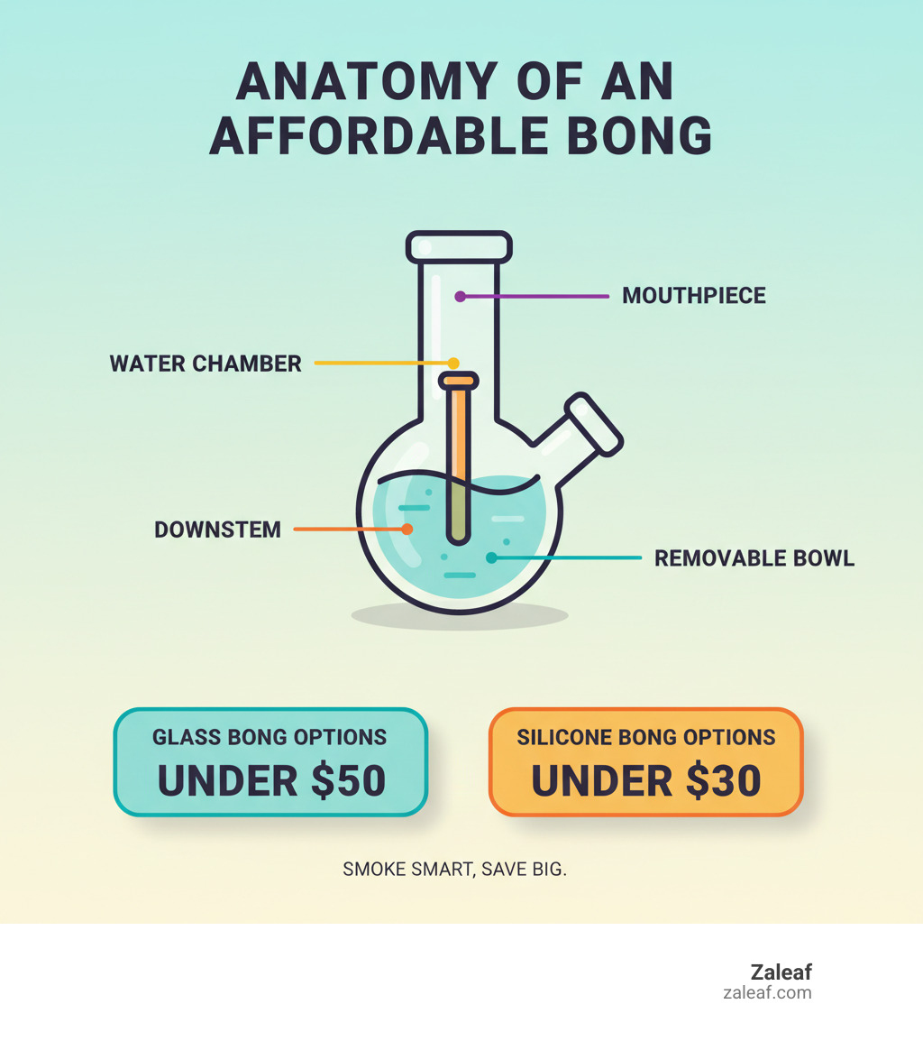 Infographic showing the anatomy of an affordable bong with labeled parts: mouthpiece at top, water chamber in middle showing water level, downstem extending into water, and removable bowl piece, with price ranges for glass bongs under $50 and silicone options under $30 - cheap bongs infographic  Infographic showing the anatomy of an affordable bong with labeled parts: mouthpiece at top, water chamber in middle showing water level, downstem extending into water, and removable bowl piece, with price ranges for glass bongs under $50 and silicone options under $30 - cheap bongs infographic