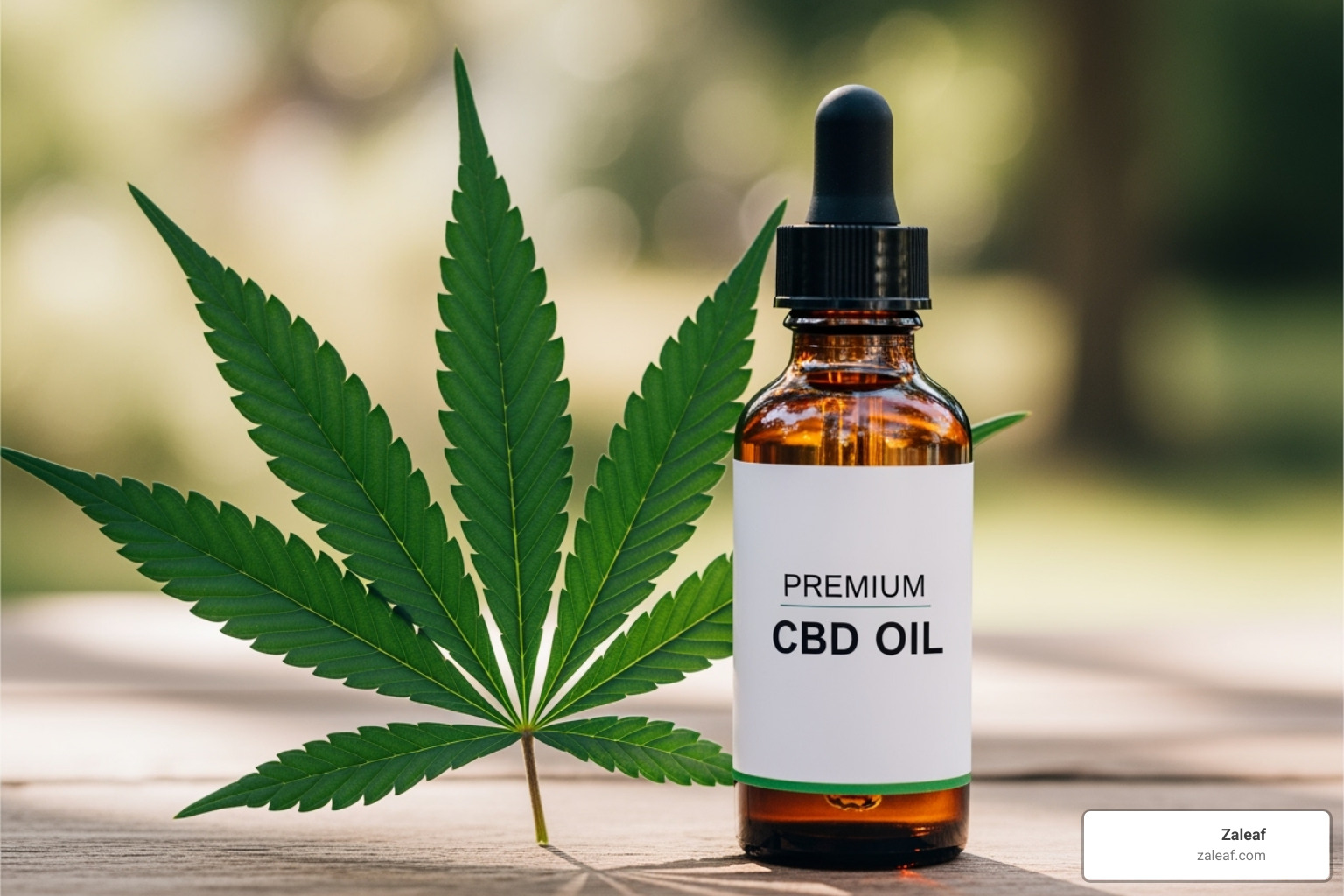 CBD oil bottle next to a hemp leaf - farm bill compliant