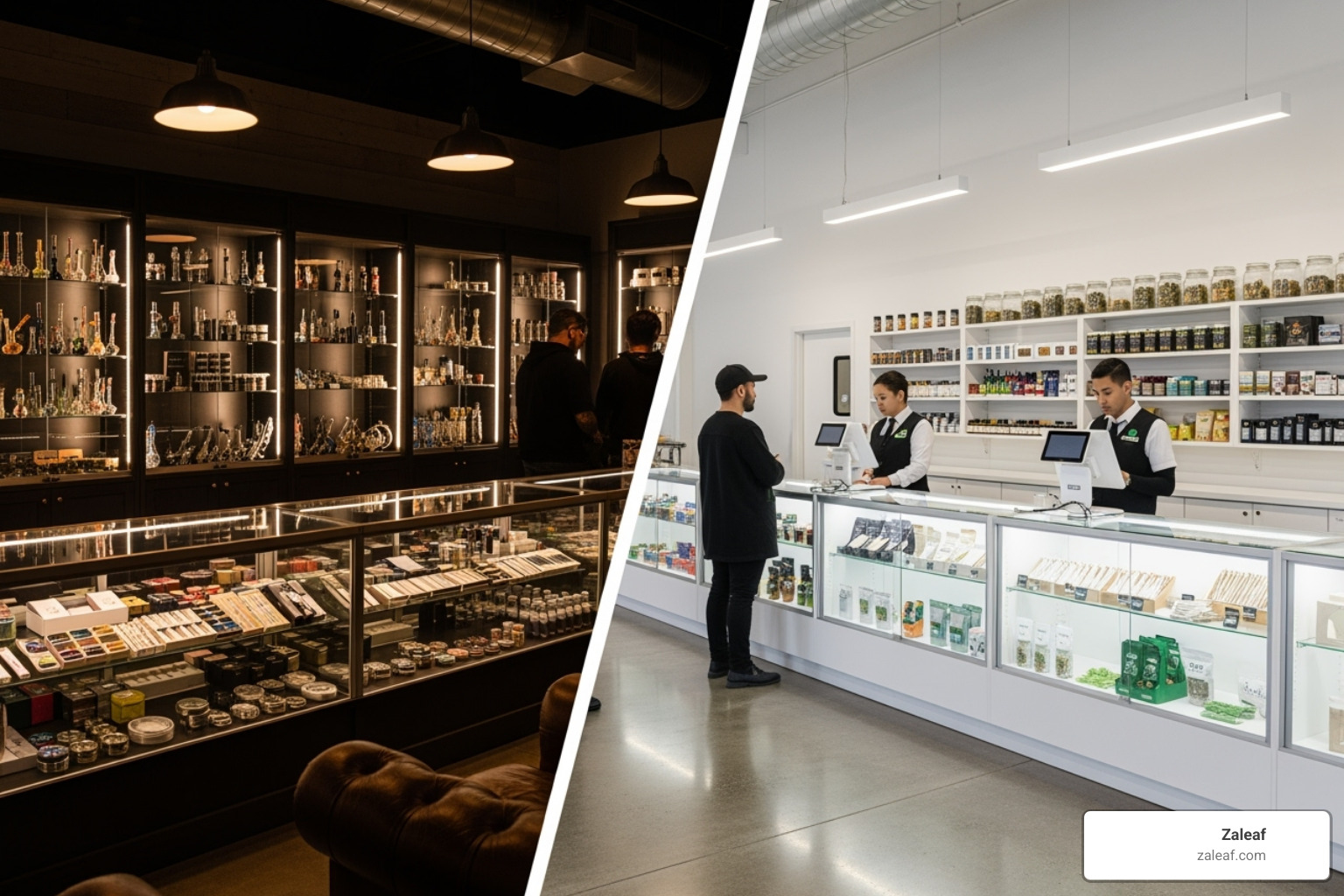 split screen of a modern smoke shop interior and a clinical-looking dispensary - 420 smoke shop split screen of a modern smoke shop interior and a clinical-looking dispensary - 420 smoke shop