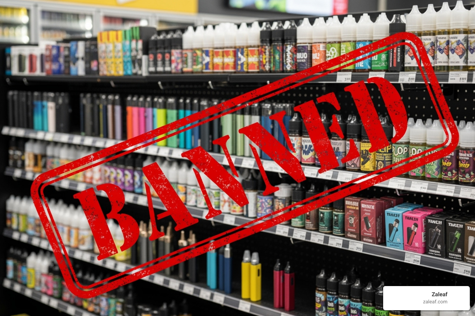 A "Banned" stamp over a display of vape products - thc vape pen texas
