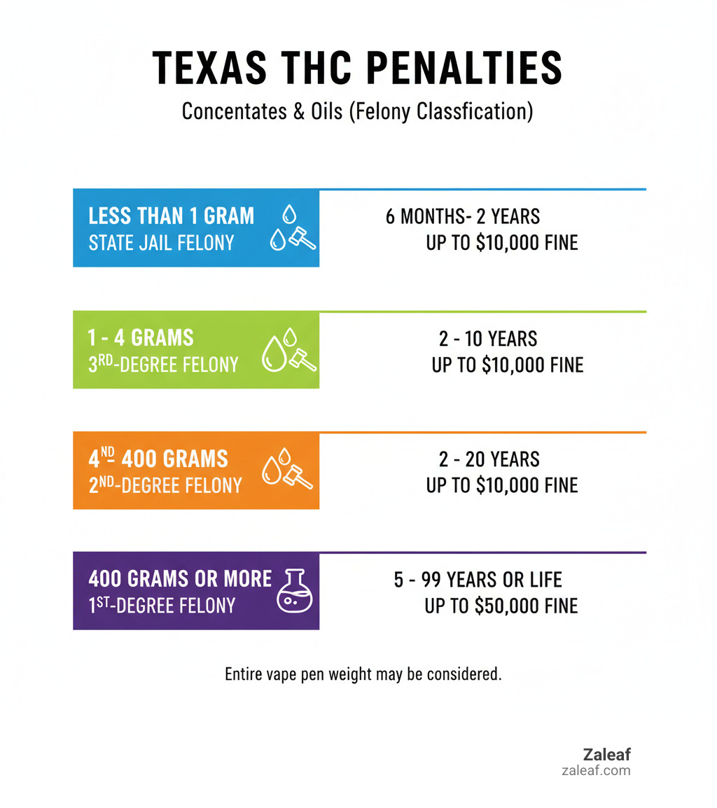 Table summarizing Texas THC possession penalties by amount and felony class - thc vape pen texas infographic 