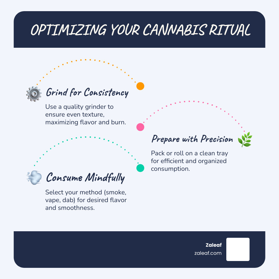 Infographic showing the cannabis preparation and consumption process: Step 1 - Grind cannabis flower using a quality grinder for consistent texture, Step 2 - Pack ground cannabis into a pipe/bong or roll into papers using a rolling tray, Step 3 - Consume using your chosen method (smoking, vaping, or dabbing) with proper accessories for optimal flavor and smoothness - what cannabis accessories improve recreational experiences infographic infographic-line-3-steps-blues-accent_colors