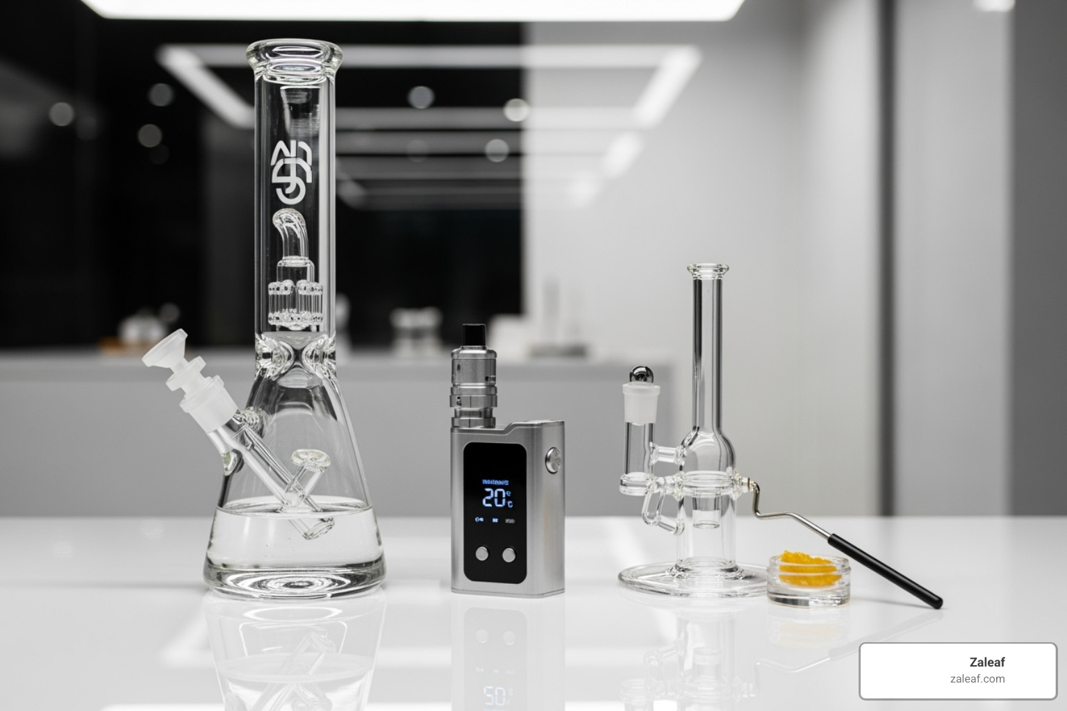 side-by-side comparison of a sleek Zaleaf glass bong, a modern vaporizer, and a dab rig - what cannabis accessories improve recreational experiences