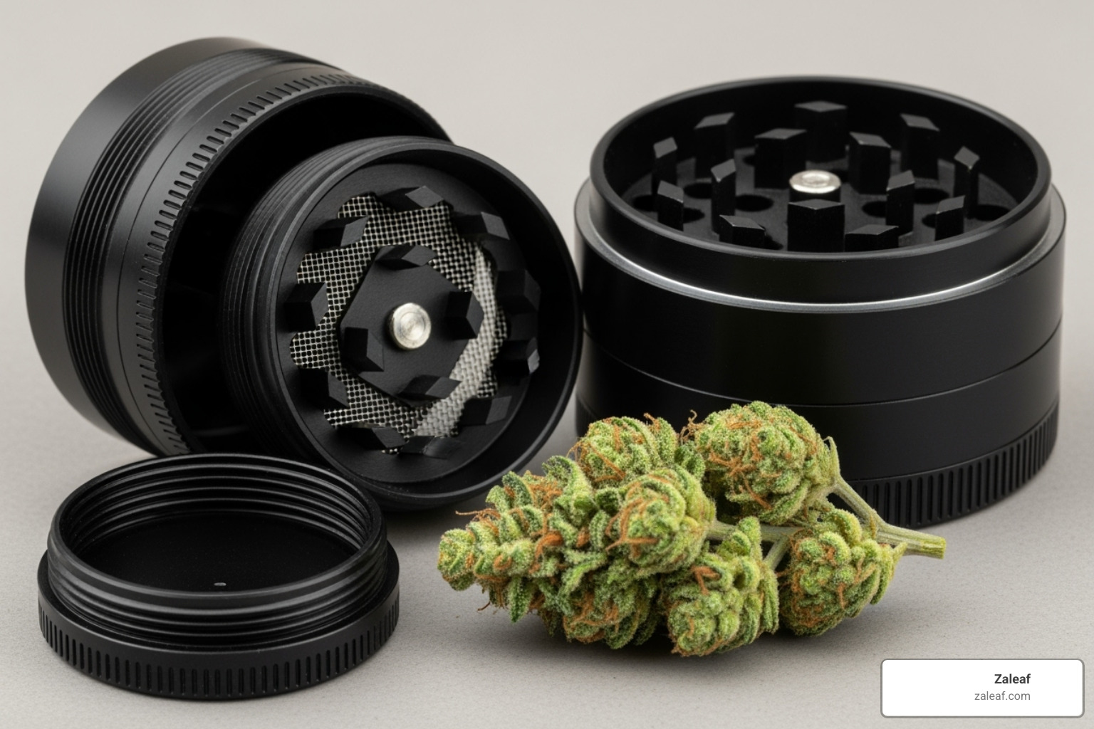 high-quality Zaleaf multi-chamber grinder next to a cannabis bud - what cannabis accessories improve recreational experiences
