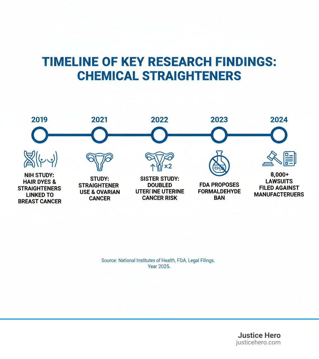 Infographic showing timeline of key research findings: 2019 NIH study links hair dyes and straighteners to breast cancer, 2021 study connects frequent straightener use to ovarian cancer, 2022 Sister Study reveals doubled uterine cancer risk, 2023 FDA proposes formaldehyde ban, 2024 over 8,000 lawsuits filed against manufacturers - chemical straightener cancer infographic 