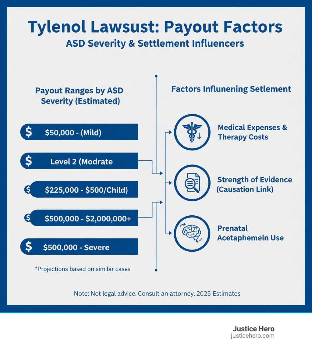 Infographic showing Tylenol autism lawsuit payout ranges by ASD severity level, including factors that influence settlement amounts such as medical expenses, therapy costs, lost wages, and strength of evidence linking prenatal acetaminophen use to diagnosis - what is the average payout for tylenol autism lawsuit infographic 
