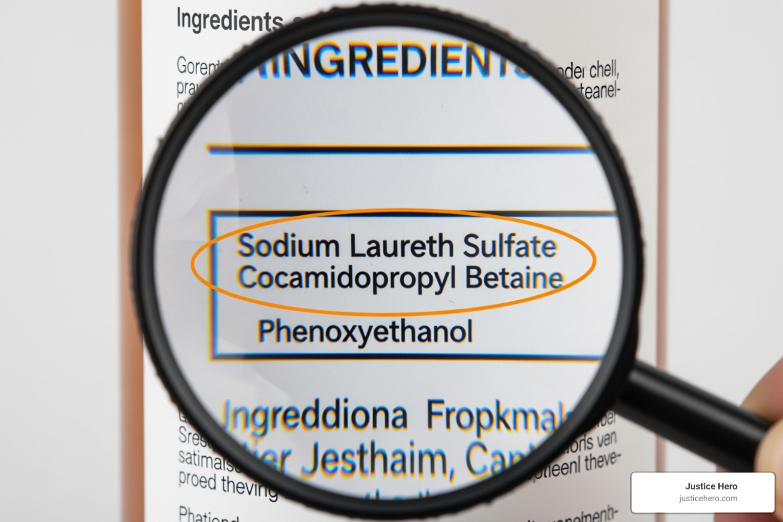 Product ingredient label with a magnifying glass highlighting chemical names - chemical straightener cancer