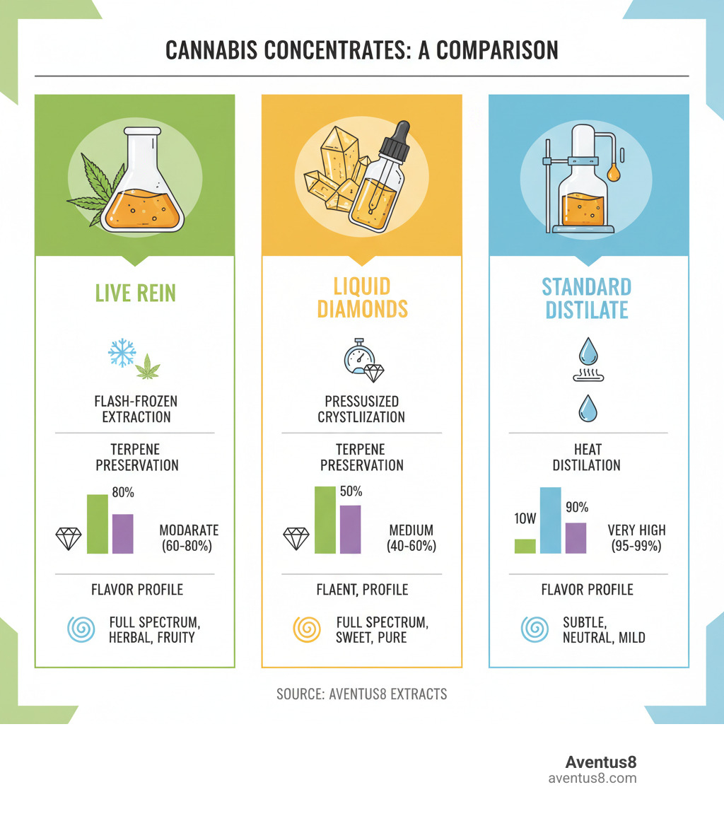 Infographic comparing Live Resin vs Liquid Diamonds vs Standard Distillate, showing extraction methods, terpene preservation rates, THC purity levels, and flavor profiles with visual representations of each concentrate type - burst disposable thc vape infographic 