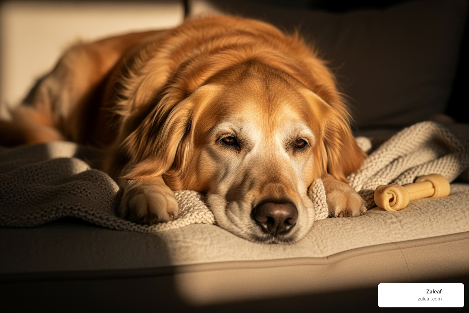 A senior golden retriever comfortably resting on a soft bed, looking peaceful - pet cbd treats A senior golden retriever comfortably resting on a soft bed, looking peaceful - pet cbd treats
