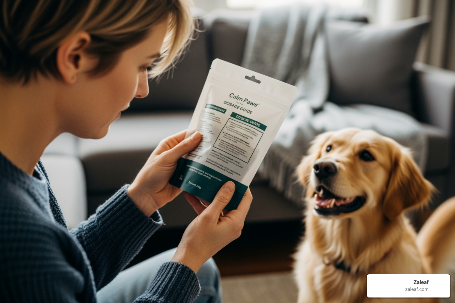 A pet owner carefully reading the dosage instructions on the back of a CBD treat bag, with a dog patiently waiting nearby - pet cbd treats A pet owner carefully reading the dosage instructions on the back of a CBD treat bag, with a dog patiently waiting nearby - pet cbd treats
