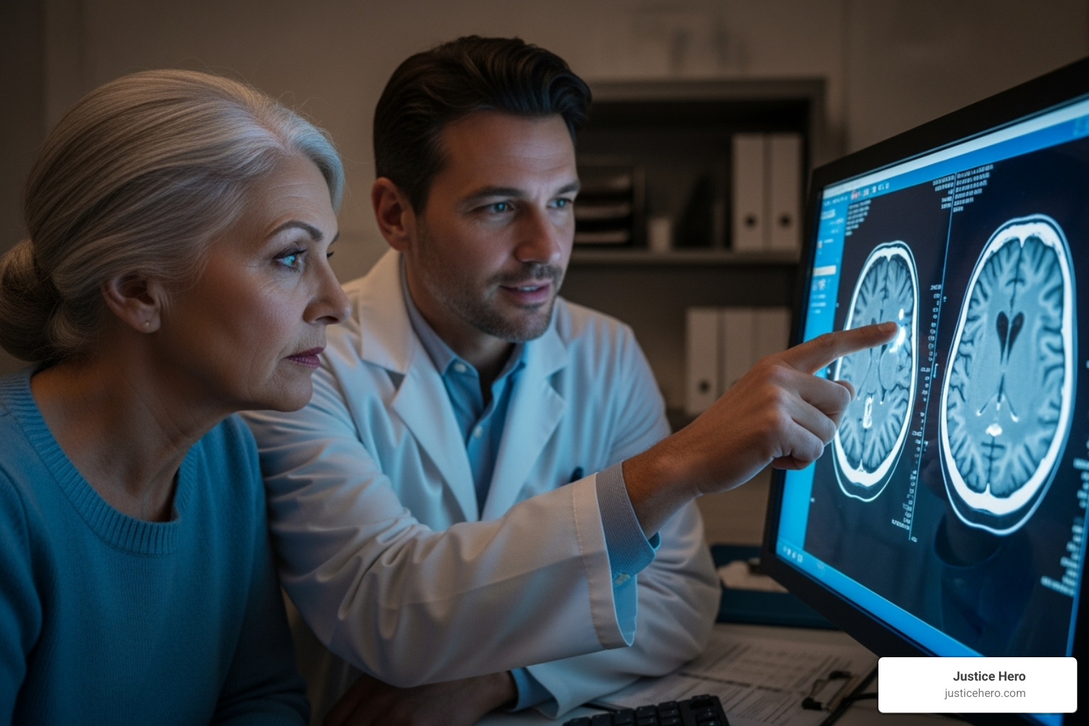 Doctor reviewing a CT scan with a patient - hernia mesh side effects years later Doctor reviewing a CT scan with a patient - hernia mesh side effects years later