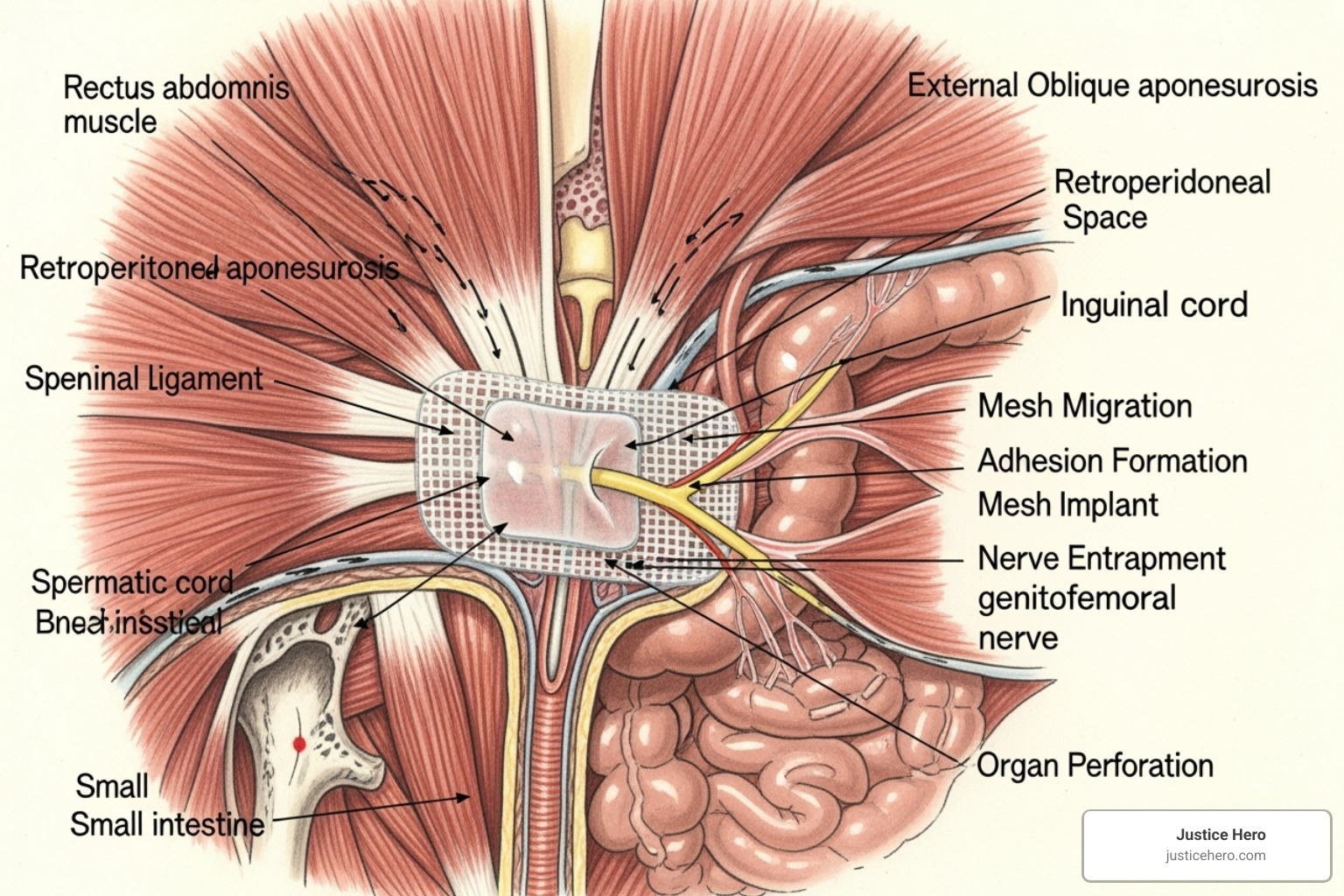 Anatomical illustration showing the location of a hernia mesh implant in the abdominal wall, highlighting potential areas for migration, adhesion, nerve entrapment, and organ perforation - hernia mesh side effects years later Anatomical illustration showing the location of a hernia mesh implant in the abdominal wall, highlighting potential areas for migration, adhesion, nerve entrapment, and organ perforation - hernia mesh side effects years later