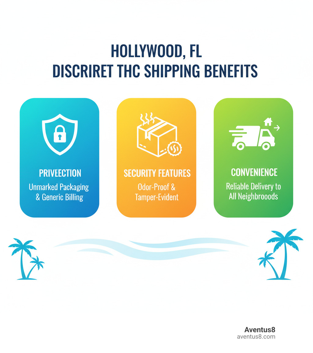 Infographic showing the three key benefits of discreet THC shipping in Hollywood, FL: Privacy protection through unmarked packaging and generic billing, Security features including odor-proof sealing and tamper-evident packaging, and Convenience with reliable delivery to apartments, condos, and homes throughout Hollywood's neighborhoods - Discreet THC shipping infographic 