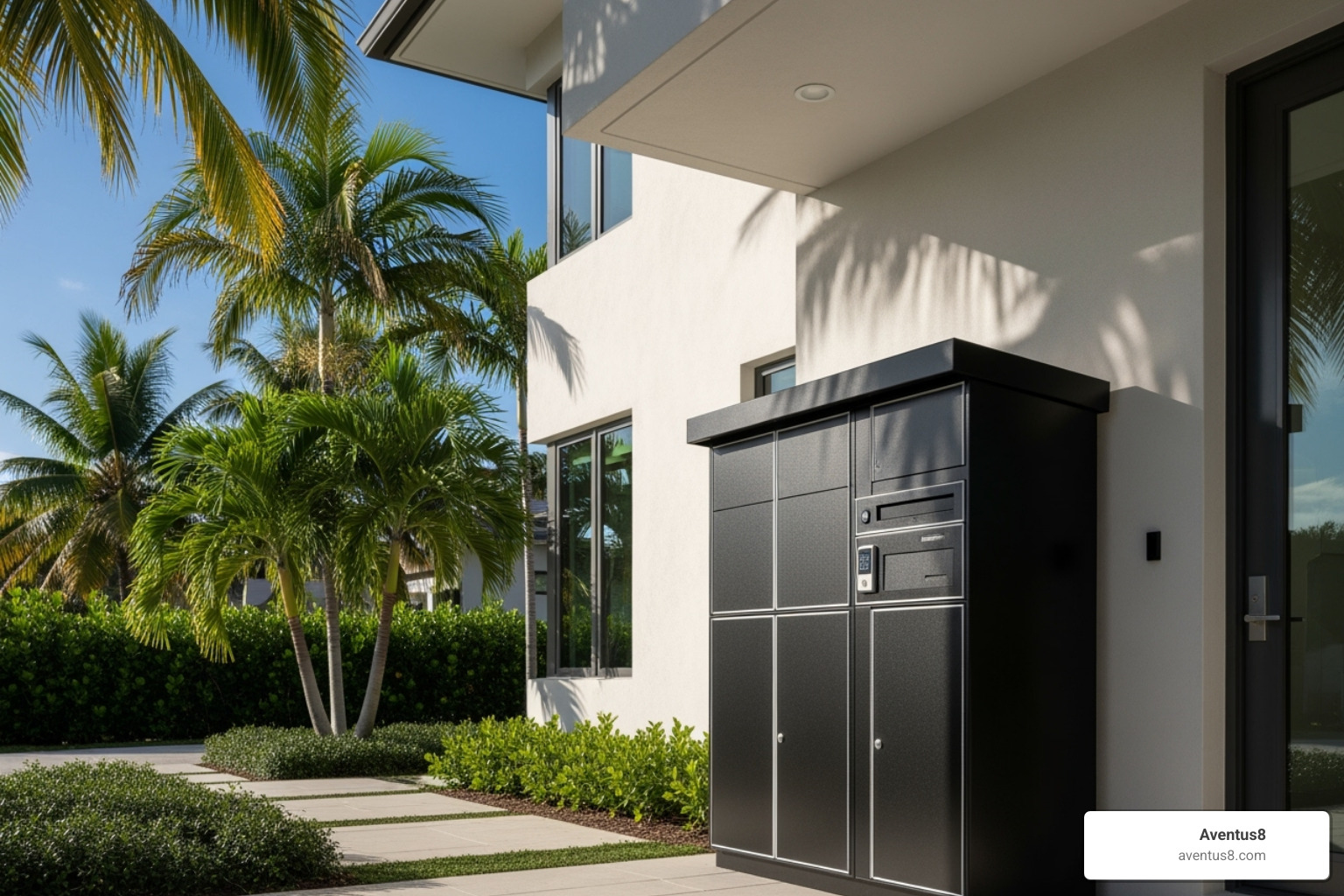 Secure package drop-off box outside a modern Hollywood, FL home - Discreet THC shipping