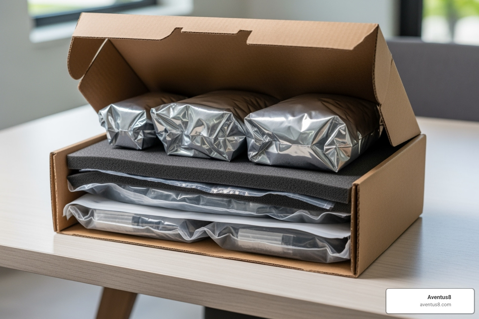 Inside of a discreet package showing multiple layers of protection, photographed in a Hollywood, FL home - Discreet THC shipping