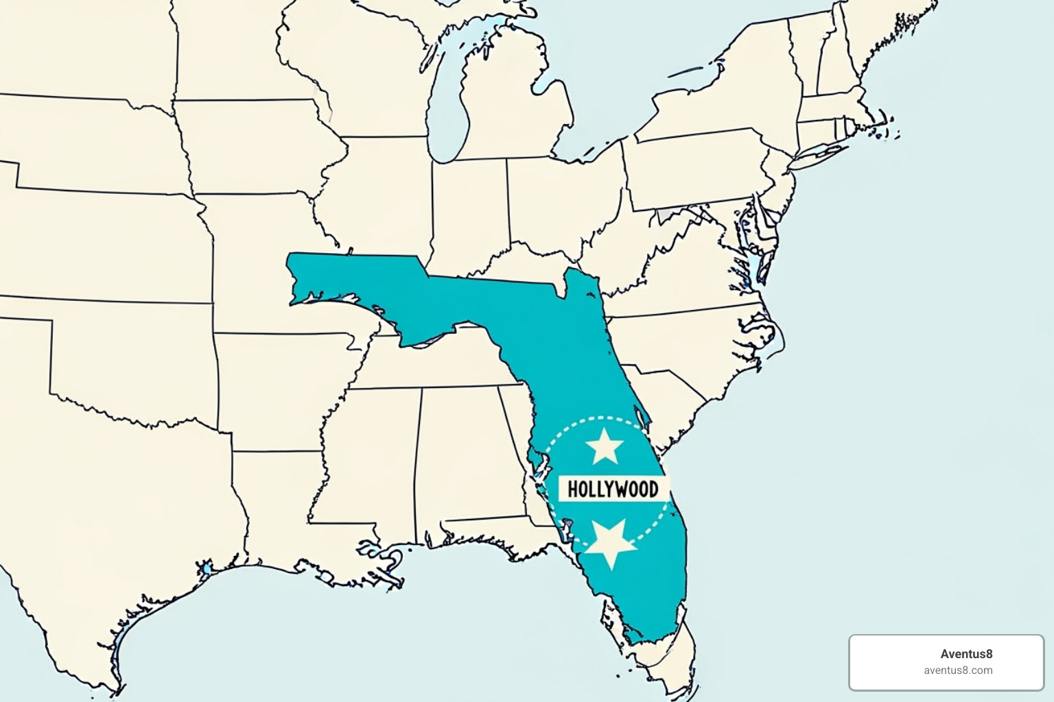 Stylized map of the USA with Florida and Hollywood highlighted - Discreet THC shipping