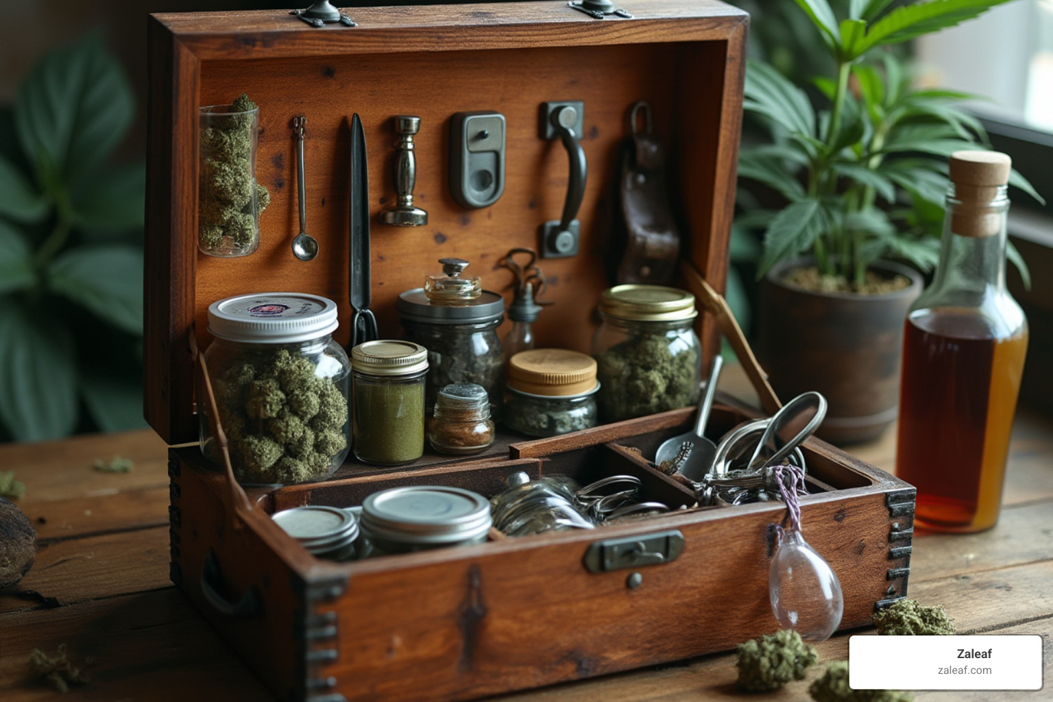 open Zaleaf stash box showing organized airtight jars, cleaning tools, and other accessories - what cannabis accessories improve recreational experiences